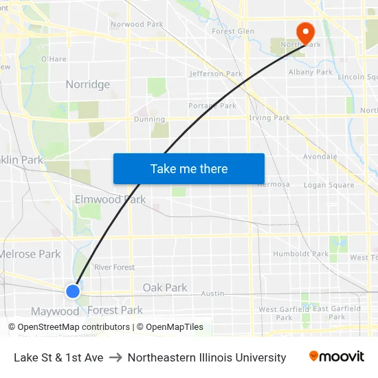 Lake St & 1st Ave to Northeastern Illinois University map