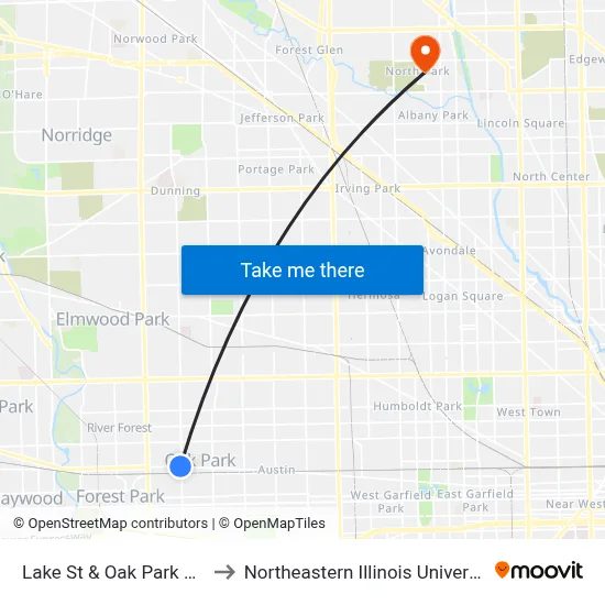 Lake St & Oak Park Ave to Northeastern Illinois University map