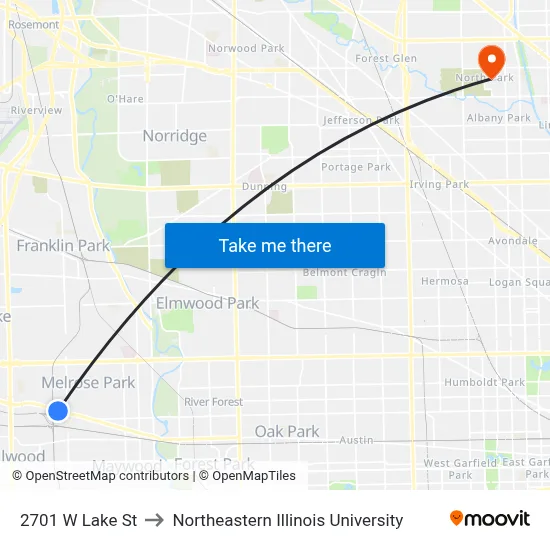 2701 W Lake St to Northeastern Illinois University map