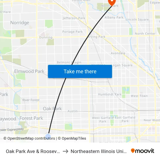Oak Park Ave & Roosevelt Rd to Northeastern Illinois University map