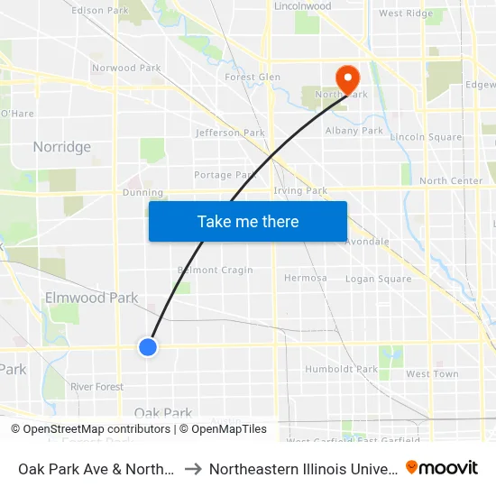 Oak Park Ave & North Ave to Northeastern Illinois University map