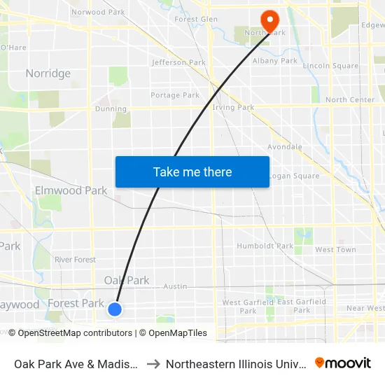 Oak Park Ave & Madison St to Northeastern Illinois University map