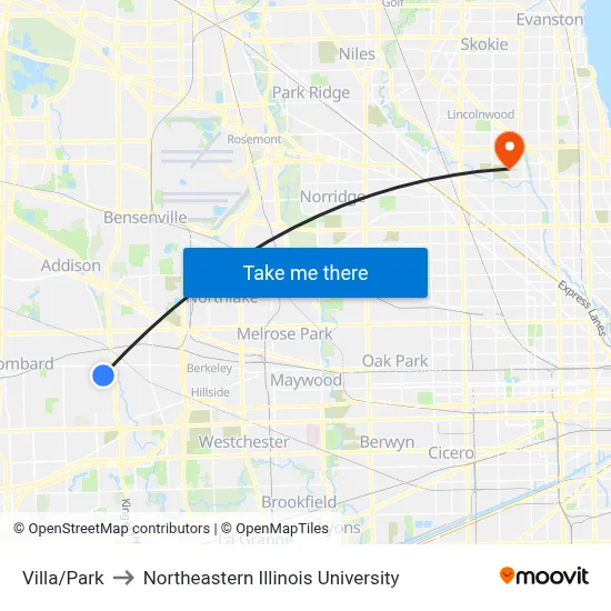 Villa/Park to Northeastern Illinois University map