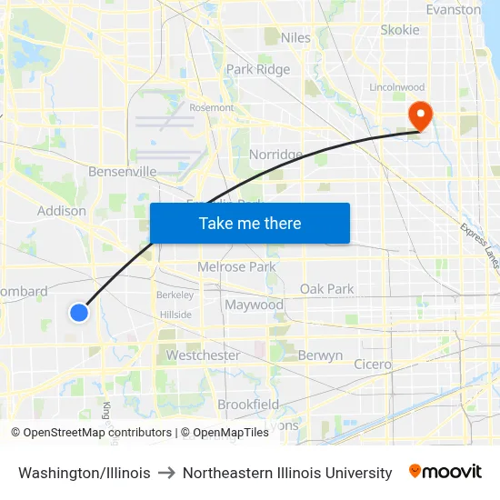 Washington/Illinois to Northeastern Illinois University map