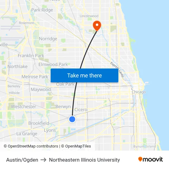 Austin/Ogden to Northeastern Illinois University map