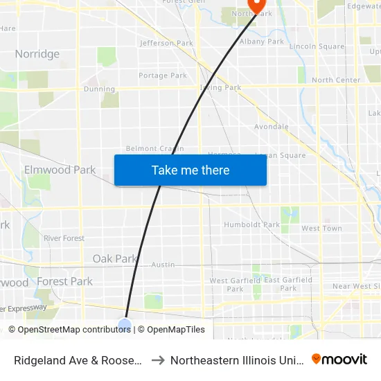 Ridgeland Ave & Roosevelt Rd to Northeastern Illinois University map