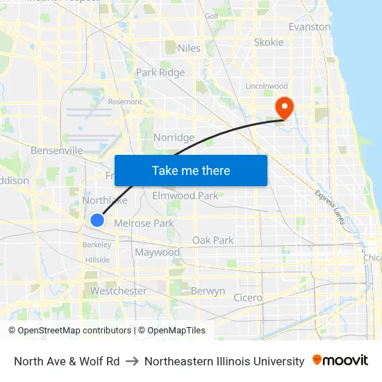 North Ave & Wolf Rd to Northeastern Illinois University map