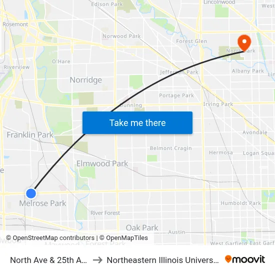 North Ave & 25th Ave to Northeastern Illinois University map