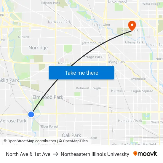 North Ave & 1st Ave to Northeastern Illinois University map