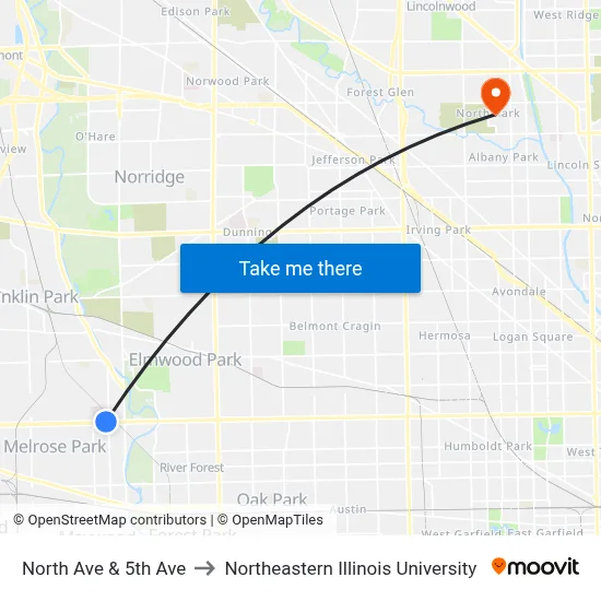 North Ave & 5th Ave to Northeastern Illinois University map