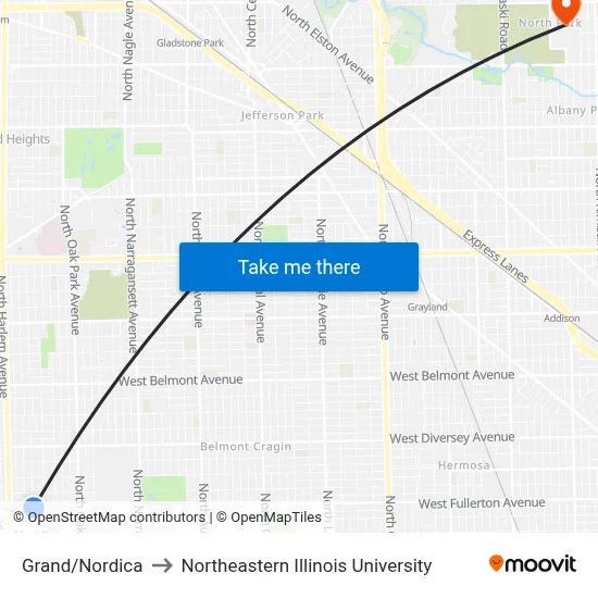 Grand/Nordica to Northeastern Illinois University map