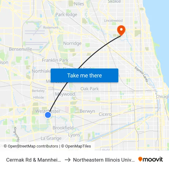 Cermak Rd & Mannheim Rd to Northeastern Illinois University map