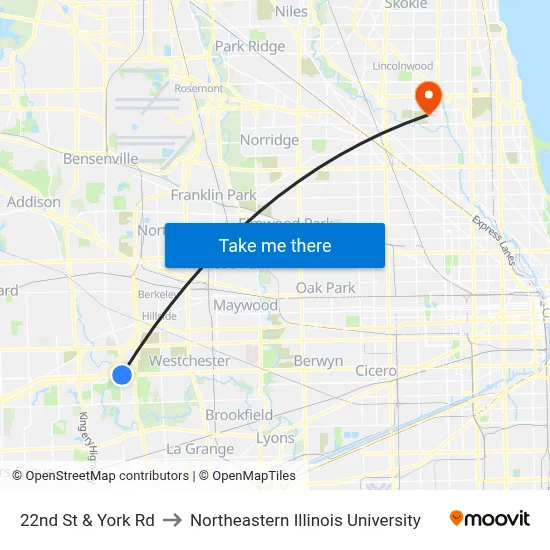 22nd St & York Rd to Northeastern Illinois University map