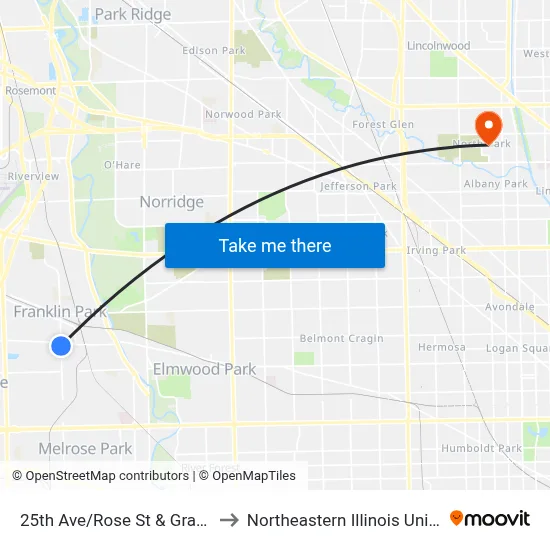 25th Ave/Rose St & Grand Ave to Northeastern Illinois University map