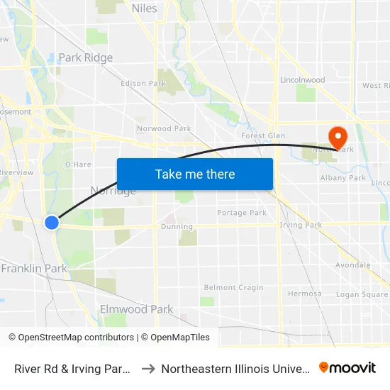 River Rd & Irving Park Rd to Northeastern Illinois University map