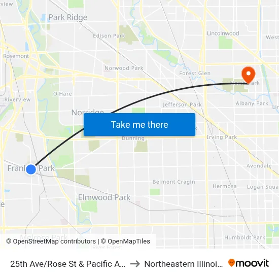 25th Ave/Rose St & Pacific Ave/Belmont Ave to Northeastern Illinois University map