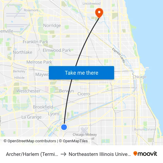 Archer/Harlem (Terminal) to Northeastern Illinois University map