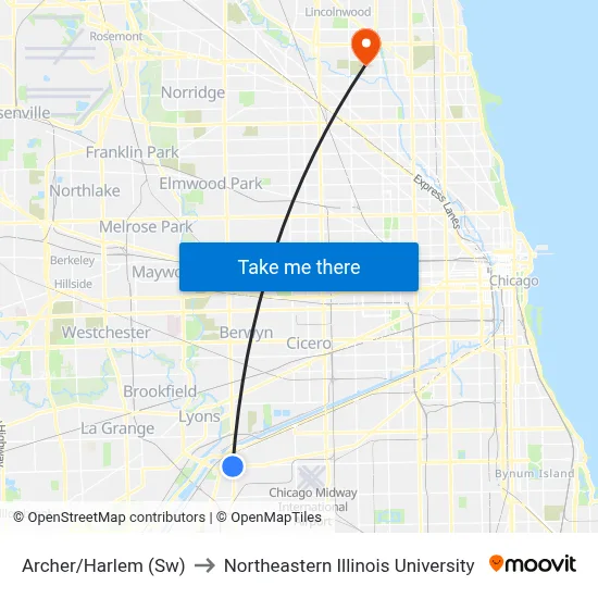 Archer/Harlem (Sw) to Northeastern Illinois University map