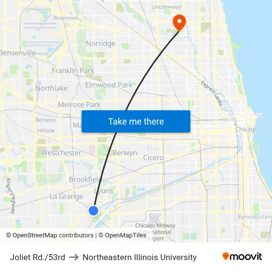 Joliet Rd./53rd to Northeastern Illinois University map