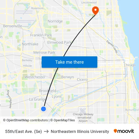 55th/East Ave. (Se) to Northeastern Illinois University map