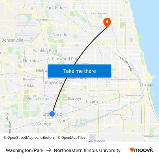 Washington/Park to Northeastern Illinois University map