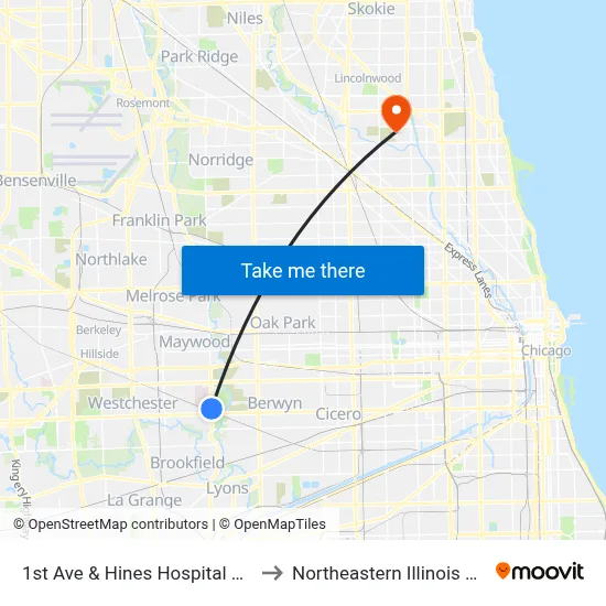 1st Ave & Hines Hospital Building 37 to Northeastern Illinois University map
