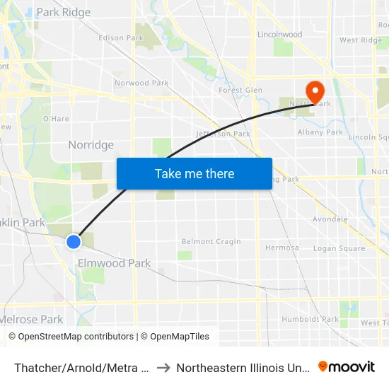 Thatcher/Arnold/Metra Station to Northeastern Illinois University map
