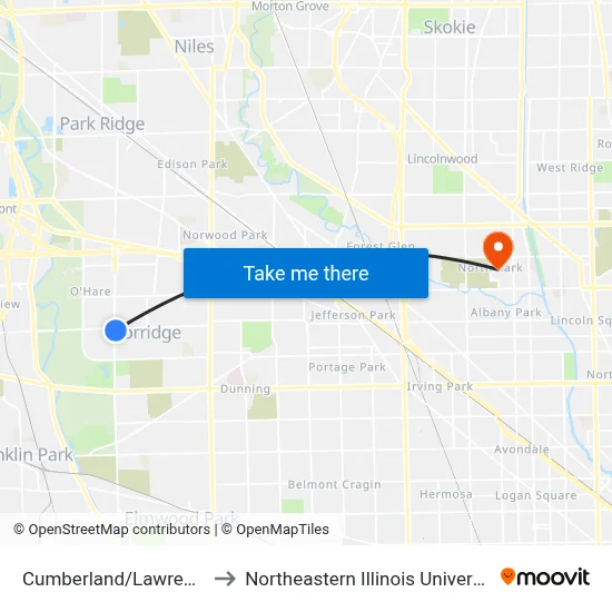 Cumberland/Lawrence to Northeastern Illinois University map