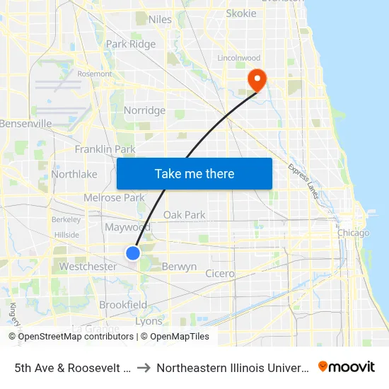5th Ave & Roosevelt Rd to Northeastern Illinois University map