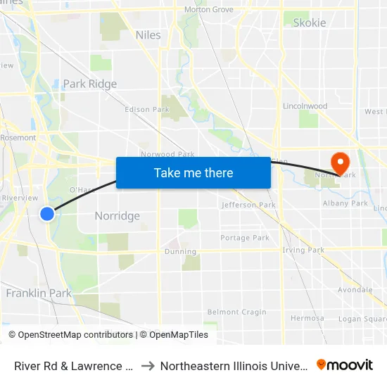 River Rd & Lawrence Ave to Northeastern Illinois University map