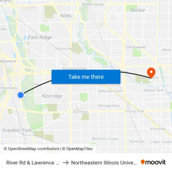 River Rd & Lawrence Ave to Northeastern Illinois University map