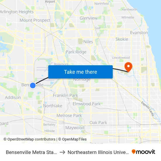 Bensenville Metra Station to Northeastern Illinois University map
