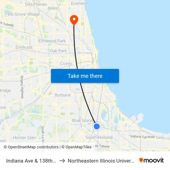 Indiana Ave & 138th St to Northeastern Illinois University map