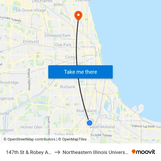 147th St & Robey Ave to Northeastern Illinois University map