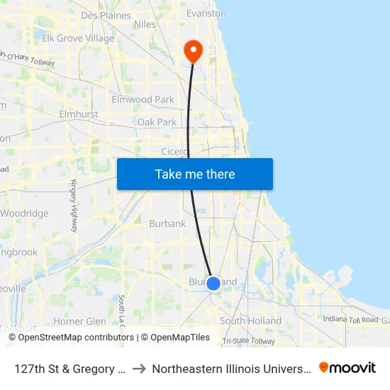 127th St & Gregory St to Northeastern Illinois University map