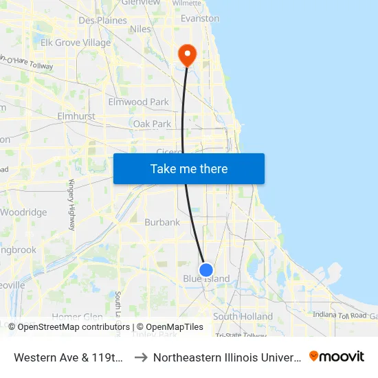 Western Ave & 119th St to Northeastern Illinois University map