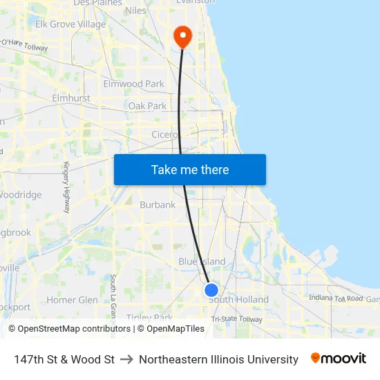 147th St & Wood St to Northeastern Illinois University map