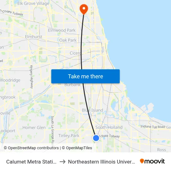 Calumet Metra Station to Northeastern Illinois University map
