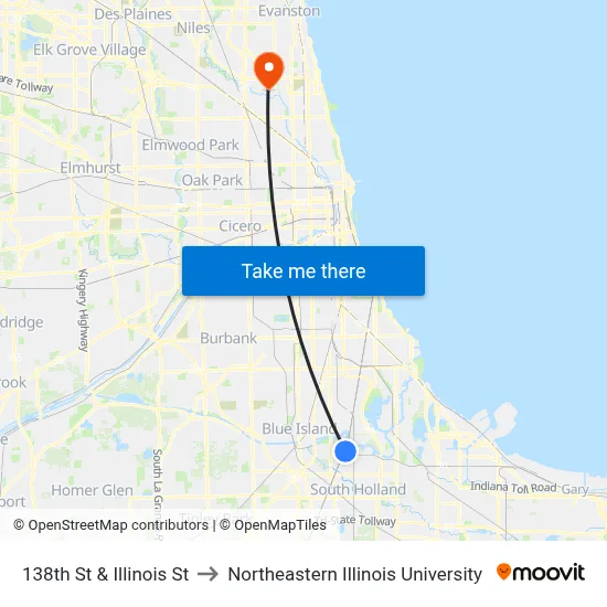 138th St & Illinois St to Northeastern Illinois University map