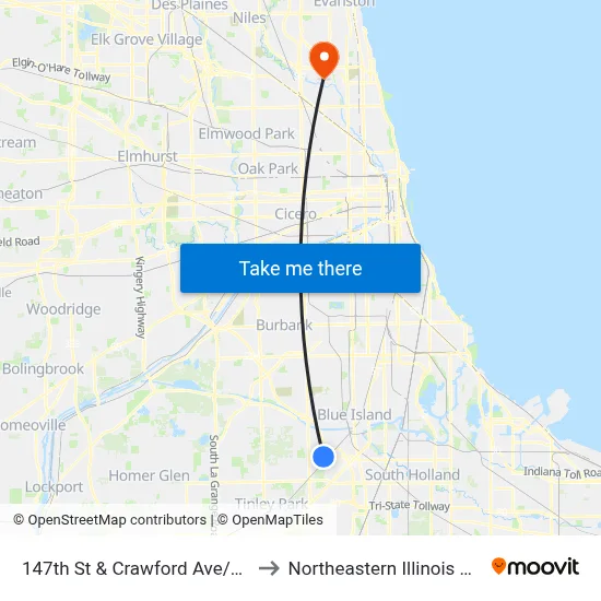 147th St & Crawford Ave/Pulaski Rd to Northeastern Illinois University map