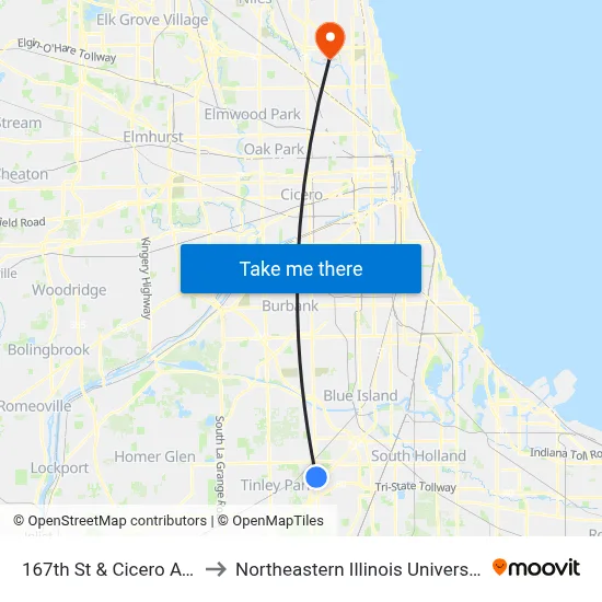 167th St & Cicero Ave to Northeastern Illinois University map