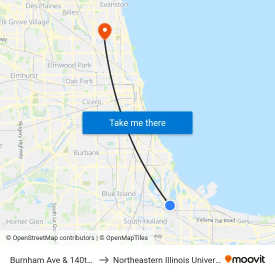 Burnham Ave & 140th St to Northeastern Illinois University map