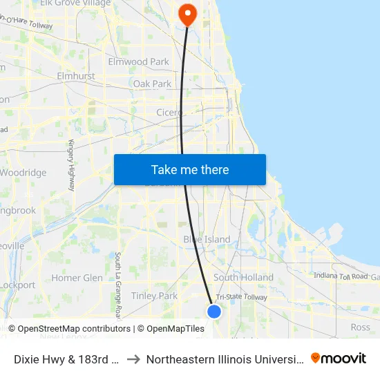 Dixie Hwy & 183rd St to Northeastern Illinois University map
