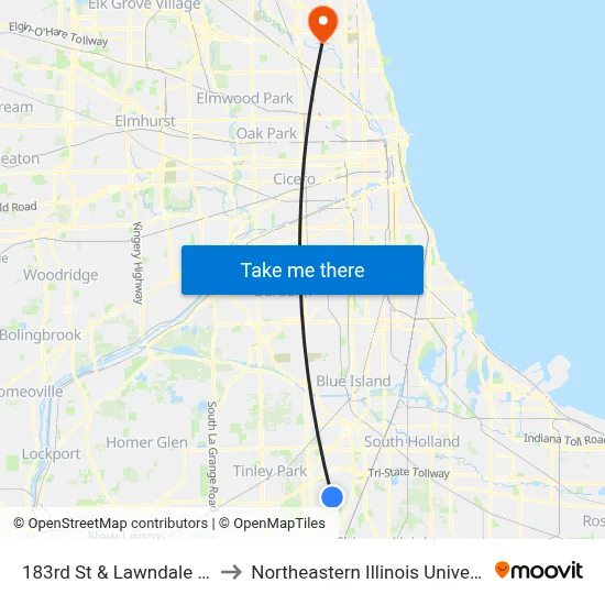 183rd St & Lawndale Ave to Northeastern Illinois University map