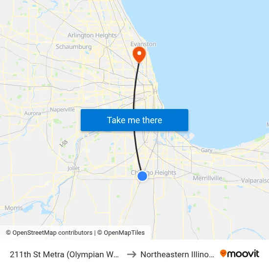 211th St Metra (Olympian Way & Lincoln Hwy) to Northeastern Illinois University map