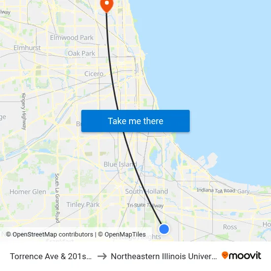 Torrence Ave & 201st St to Northeastern Illinois University map