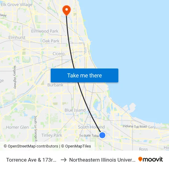 Torrence Ave & 173rd St to Northeastern Illinois University map