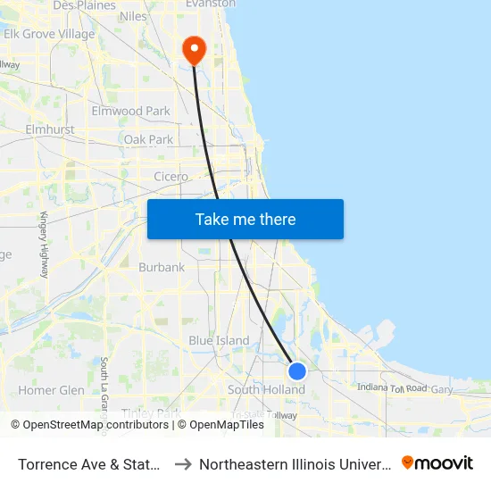 Torrence Ave & State St to Northeastern Illinois University map