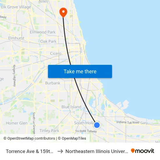 Torrence Ave & 159th St to Northeastern Illinois University map