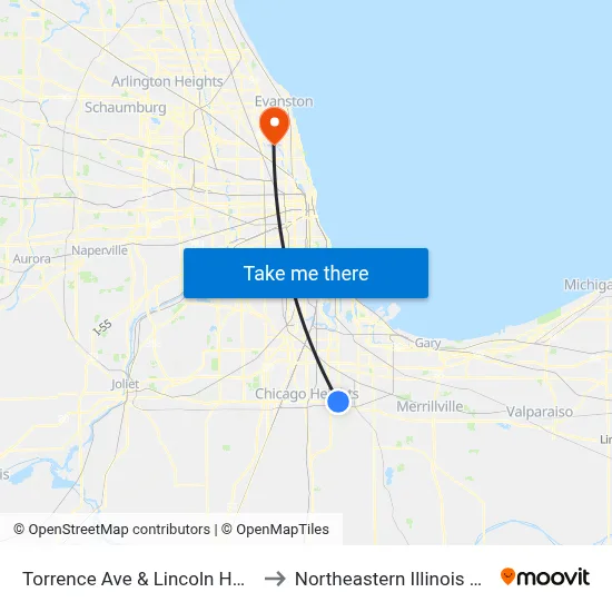 Torrence Ave & Lincoln Hwy / Rte 30 to Northeastern Illinois University map